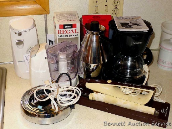 Mr. Coffee 4 cup coffee maker; Hamilton Beach electric knife; Three cup food processor; coffee and