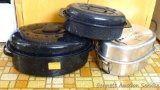 Large enameled roaster; Priscillaware roaster; small roaster. All in good shape.