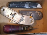 Heavy duty spool stitcher for canvas or leather; razor knife; and single edge razor blade holders.