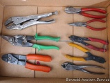 Assortment of pliers includes side cutters, needle nose, snap ring, Vise Grip, and tin snips.