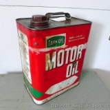 Farm Oil Motor Oil metal can is 2 gallon with bright graphics and some tape. Cap may not be