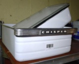 Delightful old enameled steel crisper drawer with chrome accents is 12