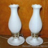 Two striking milk glass lamps have an antique lantern theme and stand 14