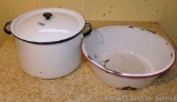 Large white with red enameled dish pan; White enameled stock pot/canner and lid. Dish pan is 15