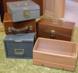 Metal file box, large index card sized file box, other metal box; leather clad case and wooden