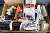 Assortment of extension cords, outlets, sockets, telephone cord, plug splitters and adapters, more.