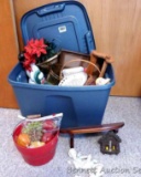 Tote full of wall decorations and more. Includes wooden towel holder, baskets, shelf, picture frame,