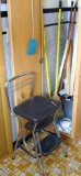 Cosco kitchen stool; brooms, mops, yard sticks, dusters, mop bucket, sweeper, dust pans, garbage