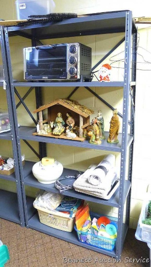 Nice metal 5 shelf storage rack. Shelves are adjustable. Approx. 35" w x 15-1/2" d x 69" high. Good