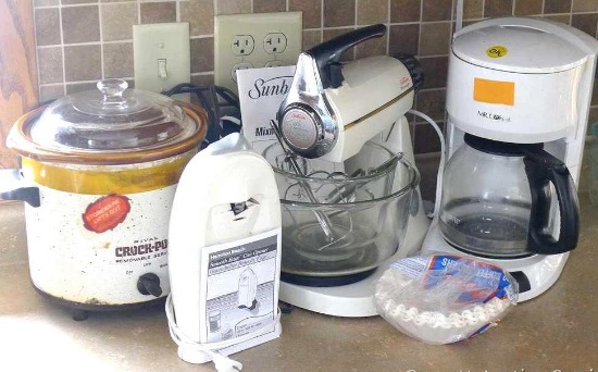 Rival Crock Pot, Mr Coffee 12 cup coffee maker, Sunbeam Mixmaster with bowls, and Hamilton Beach can