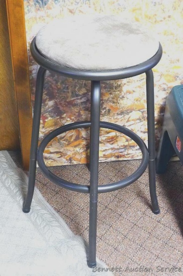 Bar stool with swivel seat, has brushed upholstery. Approx. 15-1/2" x 30" high. Nice sturdy stool.