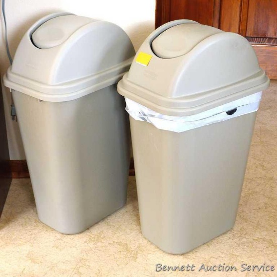 Two Rubbermaid kitchen garbage cans. Approx. 15" x 11" x 20" high without lid. Both are in good