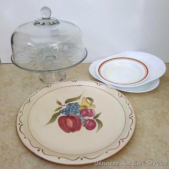 Glass cake pedestal dish with cover, 14" fruit design platter, two Corelle platters and one more.