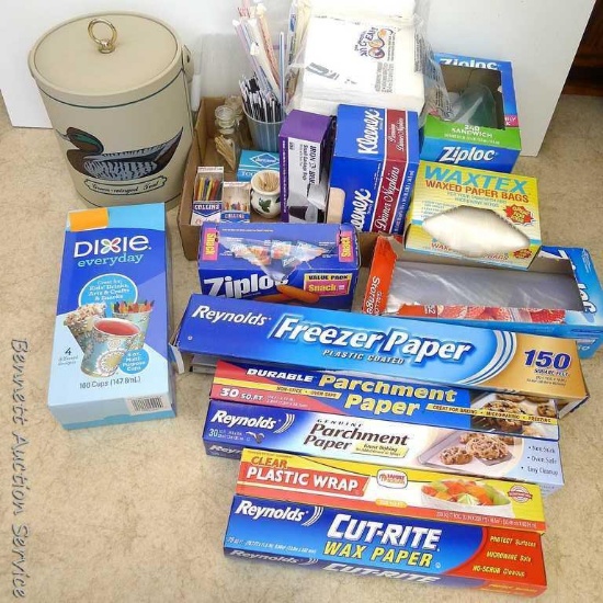 Partial boxes of ziploc bags, wax paper, parchment paper, freezer paper and more; Paper napkins,