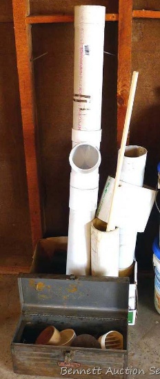 Assortment of 4" PVC pipe, longest is 52"; adapters; caps; and more.