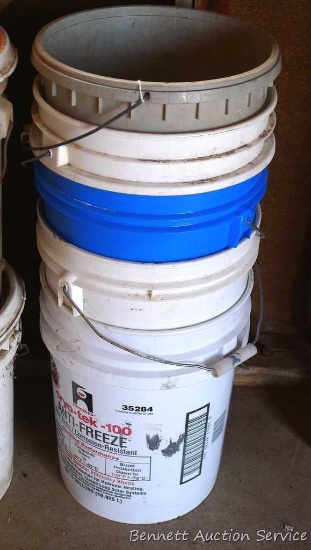 Five 5 gallon plastic pails.