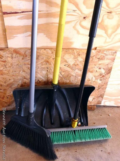 Plastic snow shovel is 19" x 50"; and 2 hand brooms, 18" and 12".