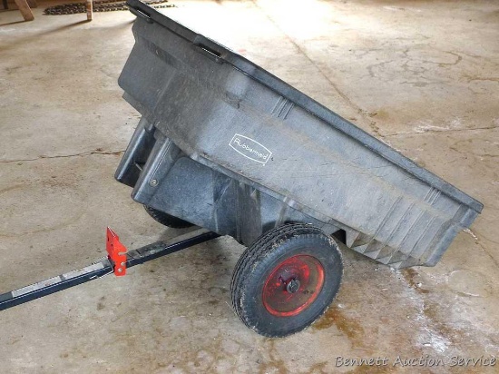 Rubbermaid 10 cu. ft. dumping tractor cart is 4' x 3' with removeable tailgate. All in overall good