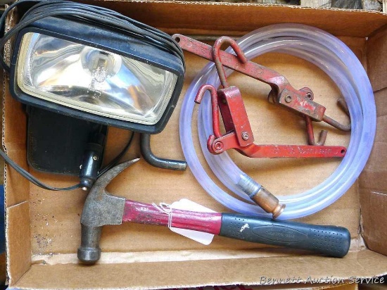 Fiberglass handle claw hammer; portable quartz 12 v spot light, untested; two Durbin-Durco chain