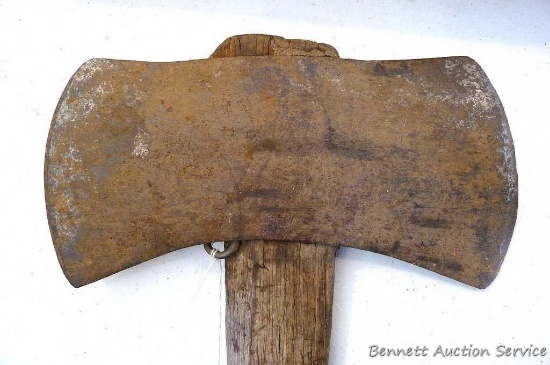 Double bit ax marked "Superior Quality Finest Finish, Ashland, WI, E. Garnich and Sons Hardware