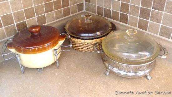1-1/2 qt glass casserole dish with cover; ceramic casserole dish with cover and Pyrex casserole dish