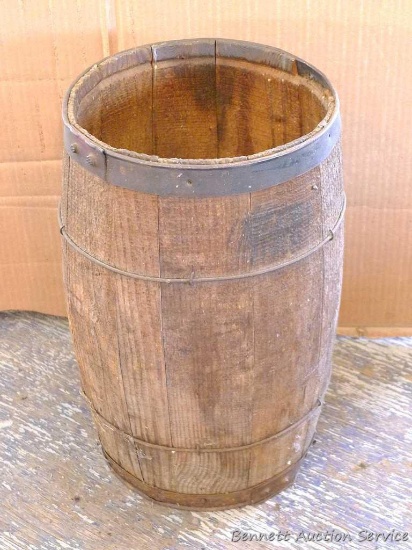 Antique nail keg is approx. 1-1/2 ft. tall. Bottom has been glued and needs to be reglued.