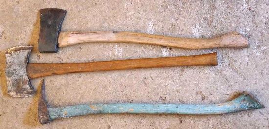 27" single bit cruiser or camp axe; 28" double bit axe by Kelly Works True Temper flint edge; 28"