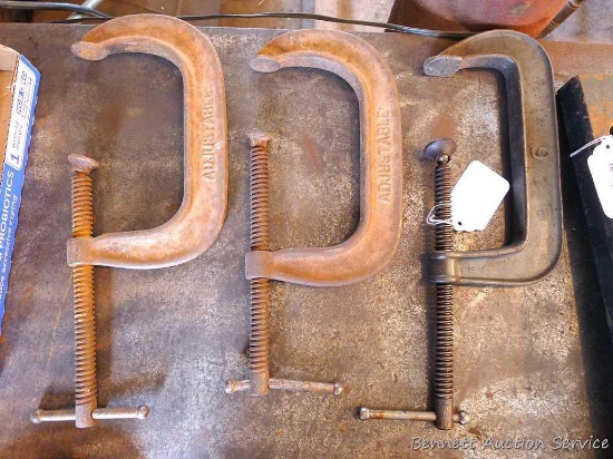 Three 6" C-clamps with swivel pads, made in USA.