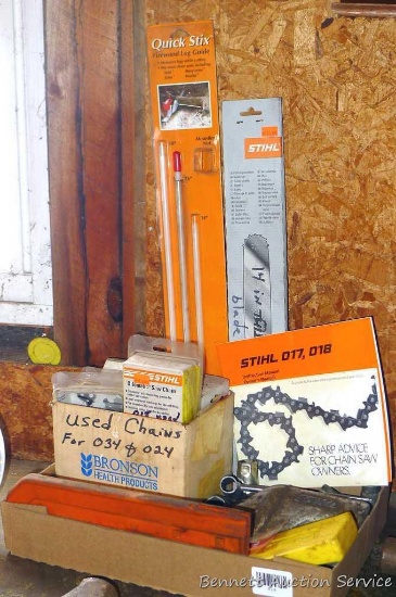 Stihl chainsaw parts and chains plus files, wedges, wrenches more.