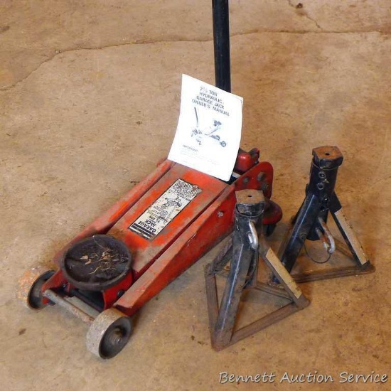 2-1/2 ton garage jack is 25" long, lifts and lowers a person. Light duty jack stands included.