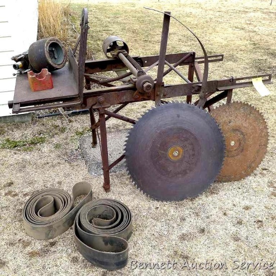 Antique flat belt buzz saw rig by Buller Mfg. Co Kansas. Sled moves easily, arbor spins.