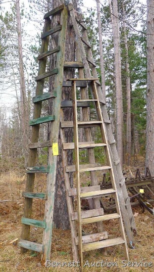 Four wooden ladders including three homemade ladders up to 12', and one 8' folding step ladder.