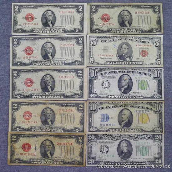 Six 1928-G Red Seal $2 bills; one 1963 Red Seal $5 note; one 1934 $10 note; one 1934-A Blue Seal $10