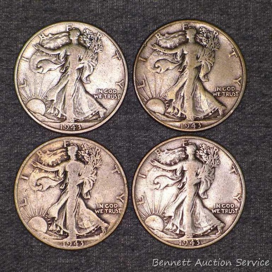 Four Walking Liberty silver half dollars, all 1943.