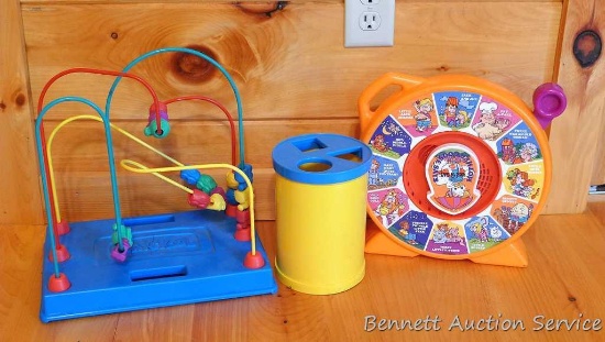 Mattel See 'N Say Mother Goose, works; Fisher-Price shapes and Playskool shape and wire game.