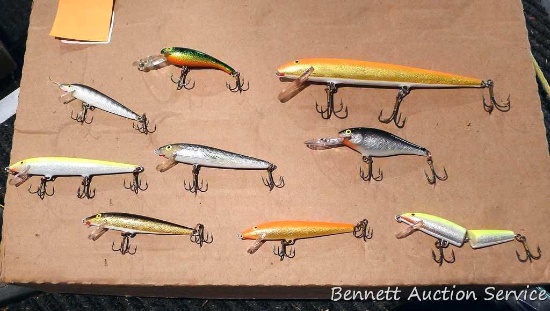 Seven Rapala lures, plus two unmarked fishing lures up to 6-3/4".