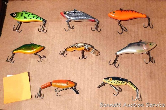 Three Rapala 'Ratl'n Rap' lures, plus five others as pictured. Largest lures are approx. 3".