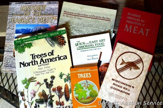 Assorted books incl. History of the Eagle's Nest, Golden Guide Trees, Wisconsin's Road Kill Cookbook