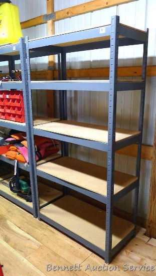 Sturdy metal shelf with 5 wood shelves with metal frame is 3' x 6' x 18" and appears in nice