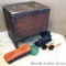 Antique Shoeshine Box: Original finish and brass hinges. Includes old shoeshine brushes. Inside