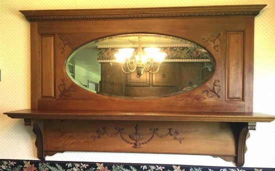 Antique Mirrored Shelf: Alder wood. Stripped and refinished by The Antiquer himself. Beveled mirror