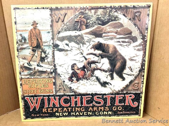 Metal sign: Winchester Repeating Arms Co. Advertising. "Just In The Nick of Time", artist A.B Frost