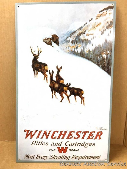 Metal sign: Winchester Rifles and Cartridges, the "W" Brand advertising. Mountain mule deer winter