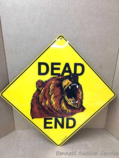 Metal sign: "Dead End", in more ways than one! This bear means business. Small scuff in metal at the