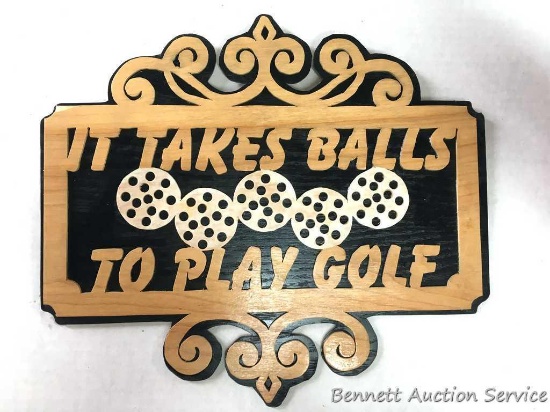 Wood Scroll saw Sign: "It Takes Balls To Play Golf", hand crafted scroll saw work by The Antiquer