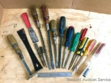 Hand tools: Worn-in miscellaneous hand tools, old wood-handled flat-head screw drivers, square-head