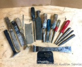 Hand tools: Miscellaneous tools of the woodworking trade with wood glue and putty of yester-year