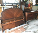Antique Bed & Dresser Set: Full-sized bed, beautiful veneer with shell d?cor. Matching 4-drawer
