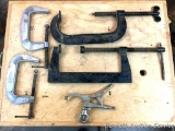 Clamps: (2) large 10-inch C-clamps, one needs a replacement foot pad, (2) Aluminum 6-inch Exact