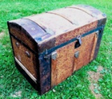 Antique Steamer Trunk: All original hardware, finish and color. Leather handles are missing. Has
